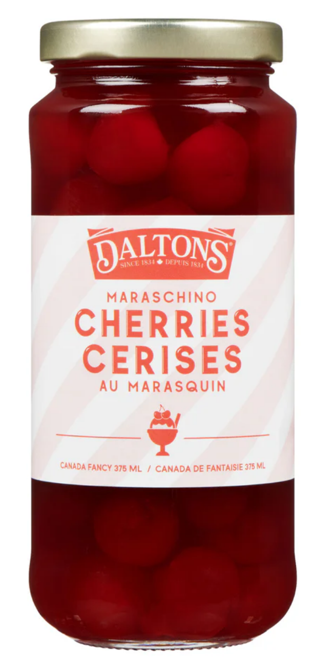 Daltons Maraschino Cherries, 375-ml Baking Essential Quebec Brand Made in Canada Canned Jar Cherries