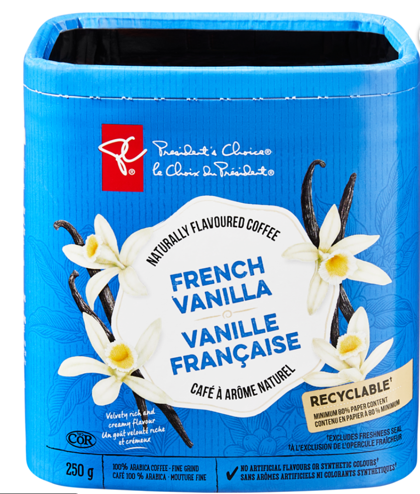French Vanilla Naturally Flavored Fine Grind Coffee 250 g President's Choice Prepared in Canada Breakfast Coffee